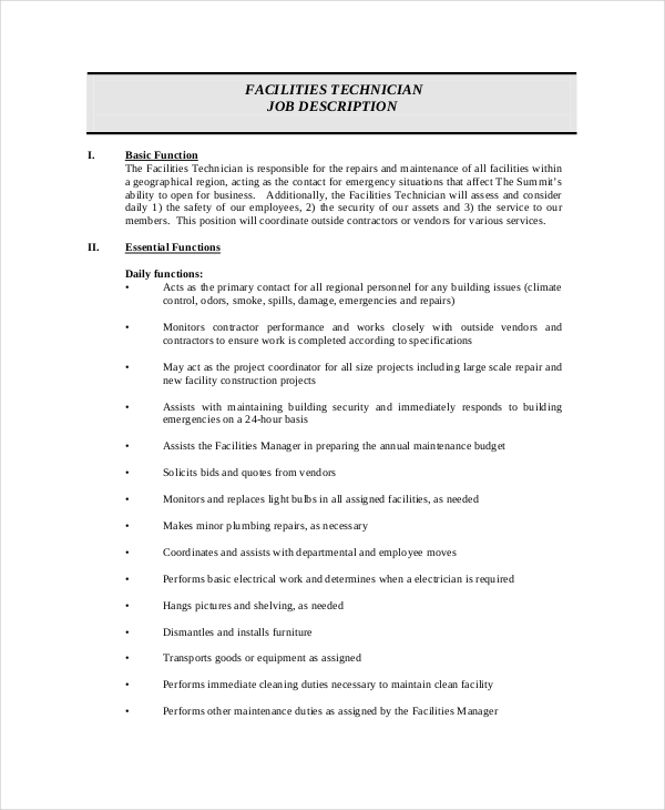 facility maintenance technician job description free download