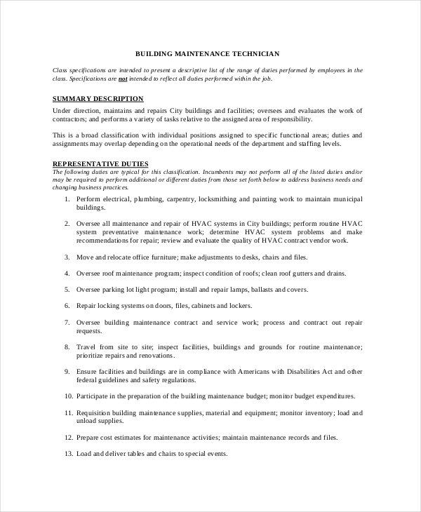 Maintenance Job Description Template   Free Building Maintenance Technician Job Description 