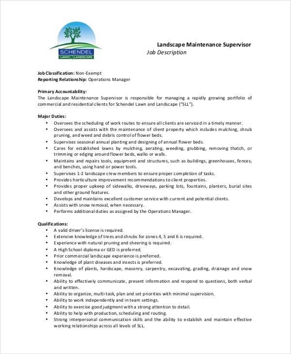 Maintenance Job Description 9 Free, Landscape Maintenance Supervisor Job Description