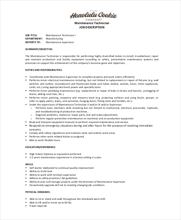 mechanical maintenance technician job description