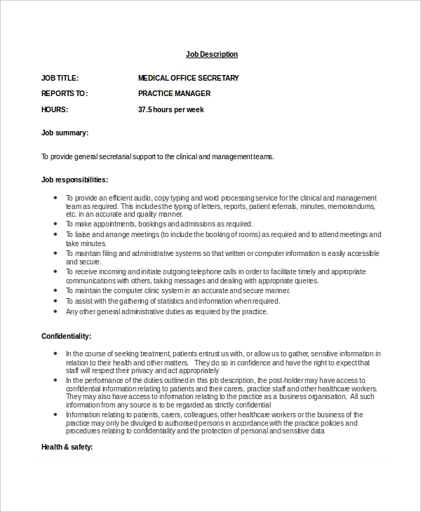 medical office secretary job description in doc