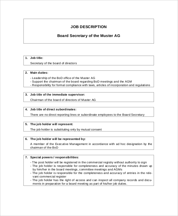 Secretary Job Description Example 10+ Free Word, PDF Documents Download