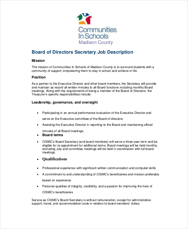 Secretary Job Description Example 10+ Free Word, PDF Documents Download