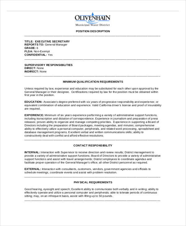 Secretary Job Description Example 10+ Free Word, PDF Documents Download