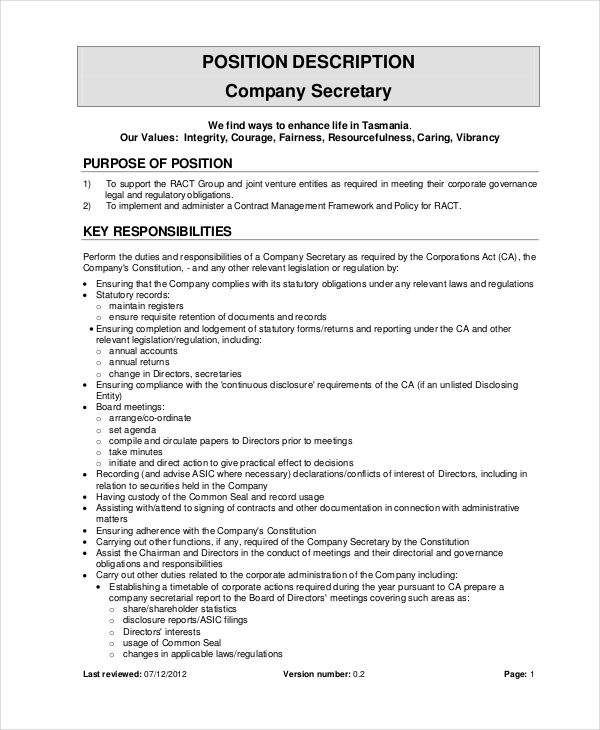 Secretary Job Description Example 10 Free Word Pdf Documents Download 