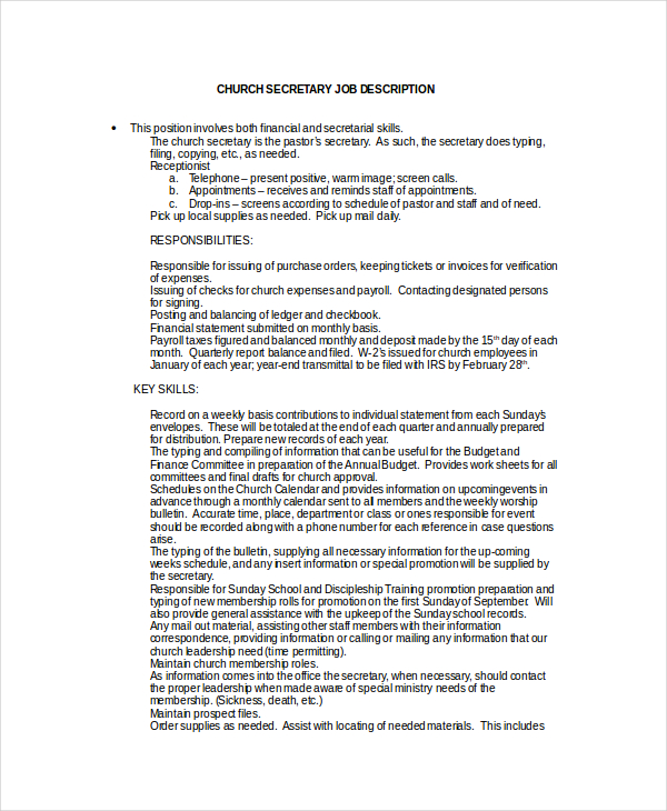 Secretary Job Description Example 10+ Free Word, PDF Documents Download