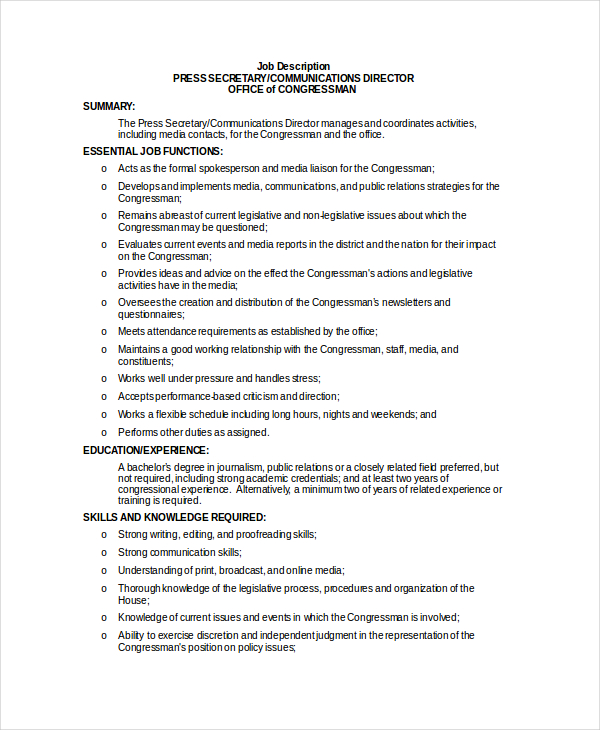 Secretary Job Description Example 10+ Free Word, PDF Documents Download