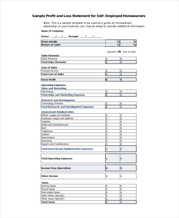 profit loss statement template for self employed