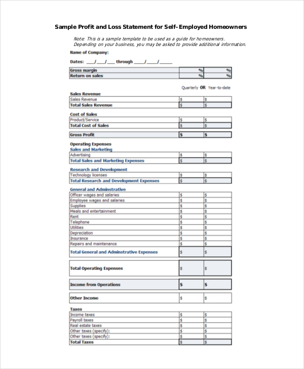 Free Profit And Loss Template For Self Employed