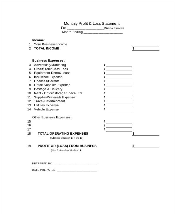 simple monthly profit loss statement template
