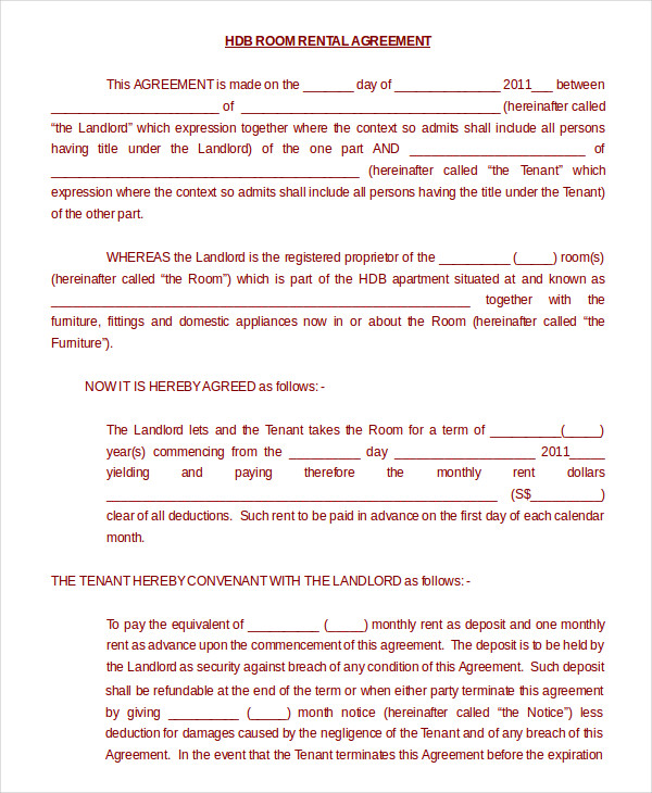 hdb room rental agreement template