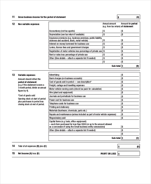 profit loss statement template form in pdf