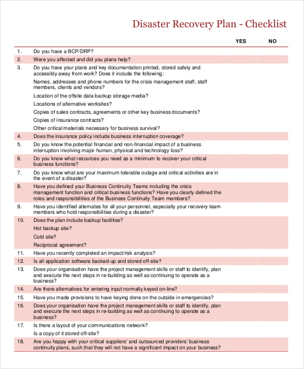 disaster recovery plan checklist template