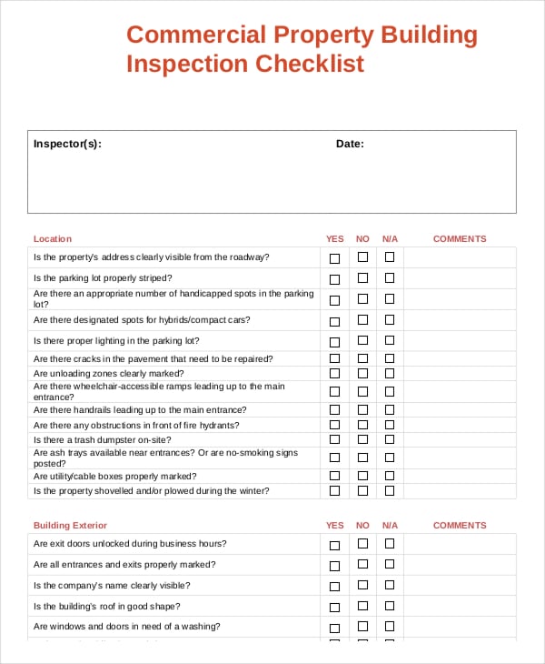 commercial property inspection checklist template