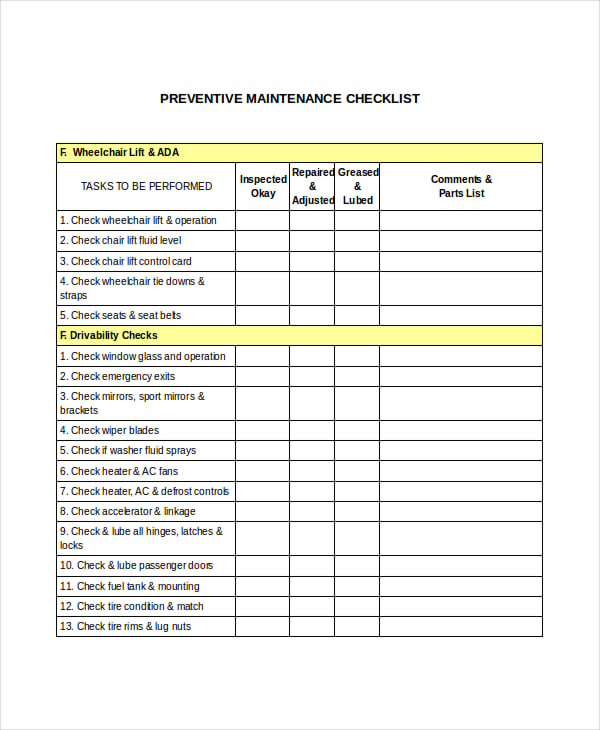 preventive maintenance checklist template