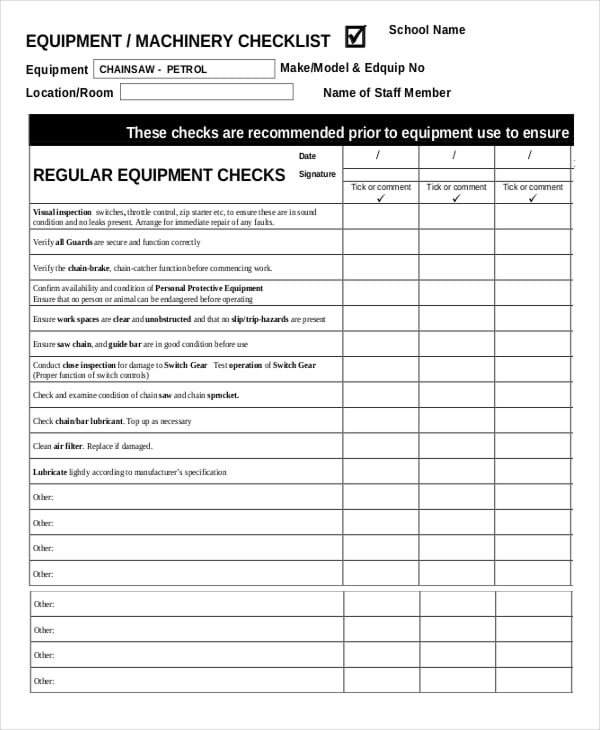 machine maintenance checklist template