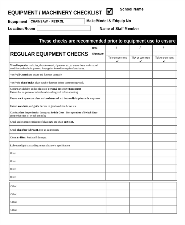 Machine Maintenance Checklist Template