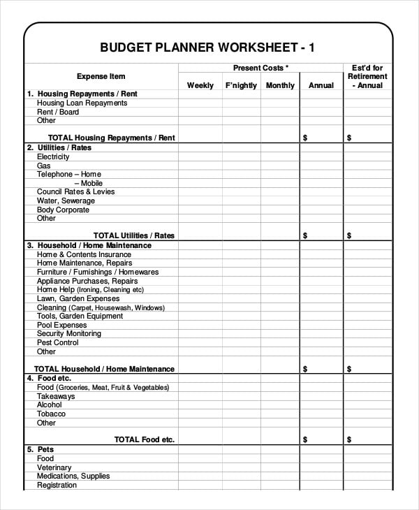 basic budget planner worksheet template