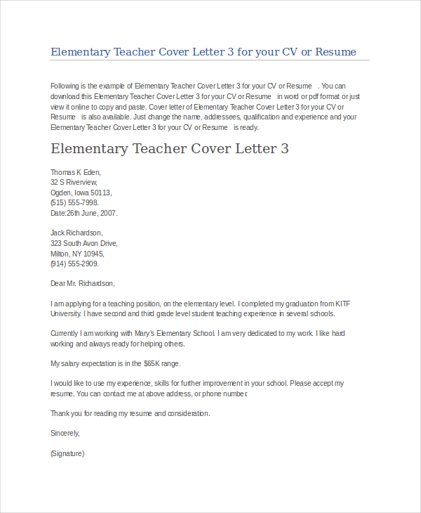 Elementary teacher cover letter examples