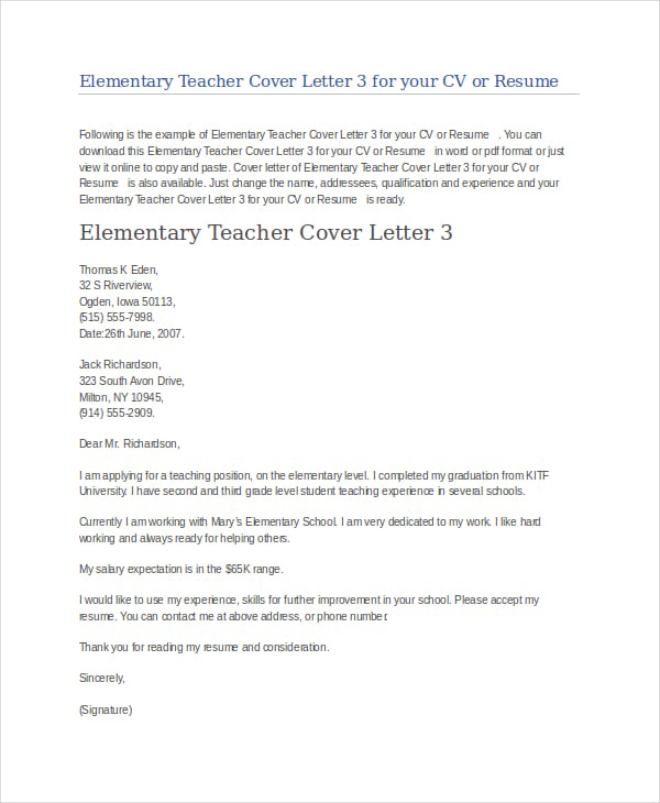elementary school teacher cover letter