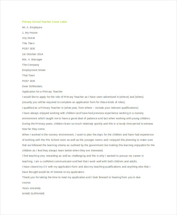 Teacher Cover Letter Example - 12+ Free word, PDF ...