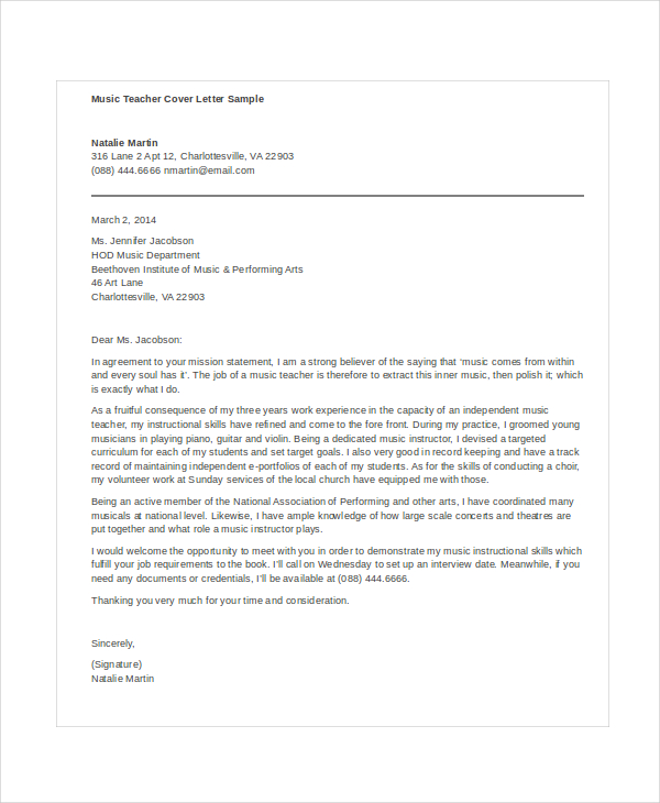 Teacher Cover Letter Example - 12+ Free word, PDF ...