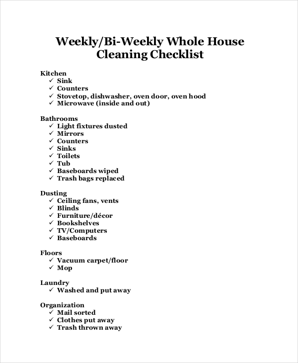 bi weekly whole house cleaning checklist