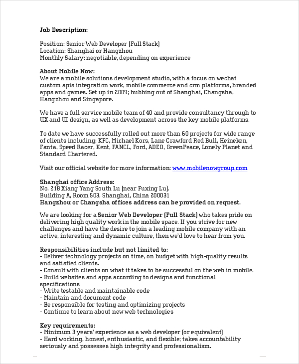 senior web developer job description