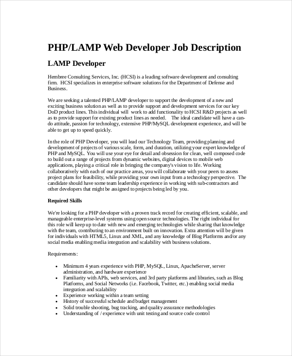 php web developer job description