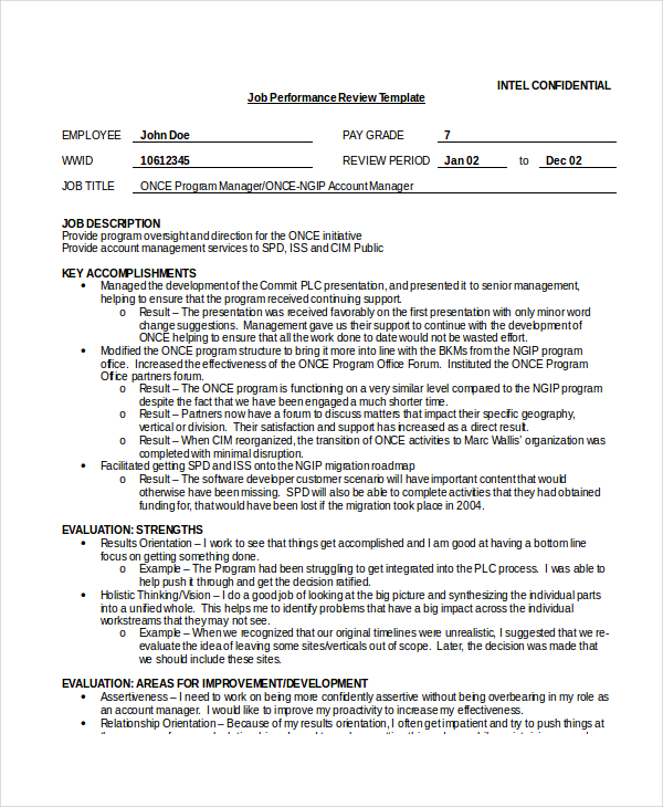 job performance review template in word