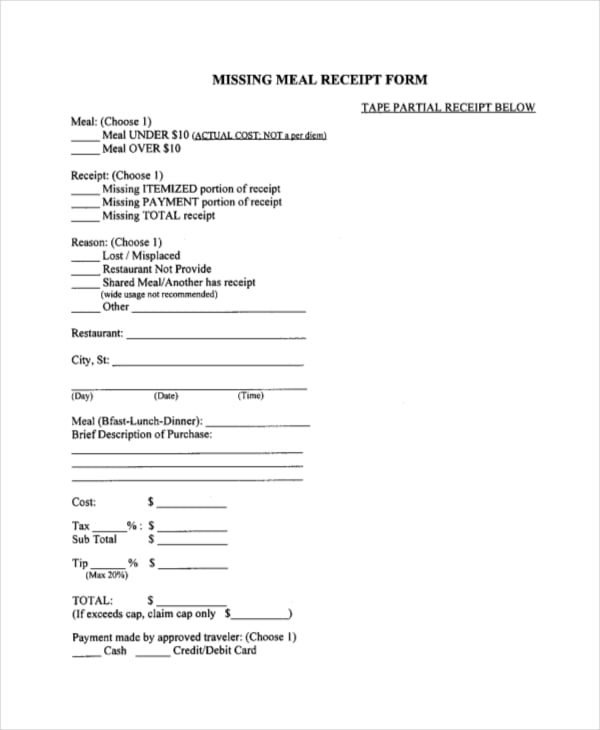 missing meal receipt form