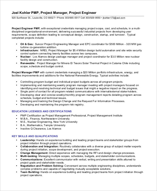 experienced project manager resume examples