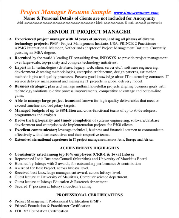 project management resume pdf