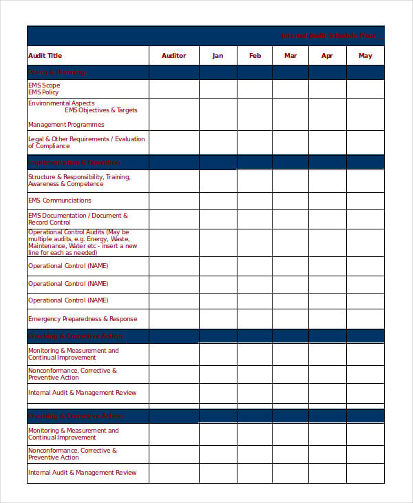 internal audit schedule planner