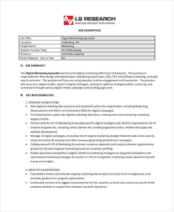 digital marketing specialist job description