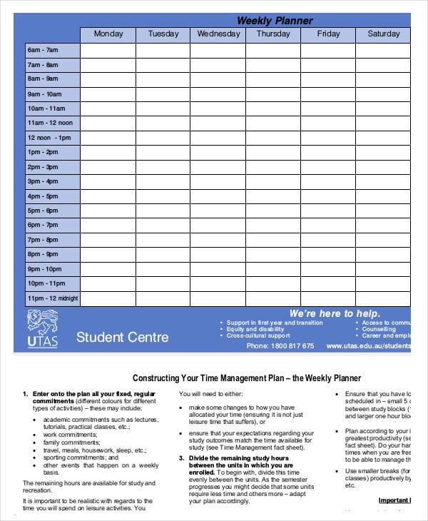 student weekly schedule planner