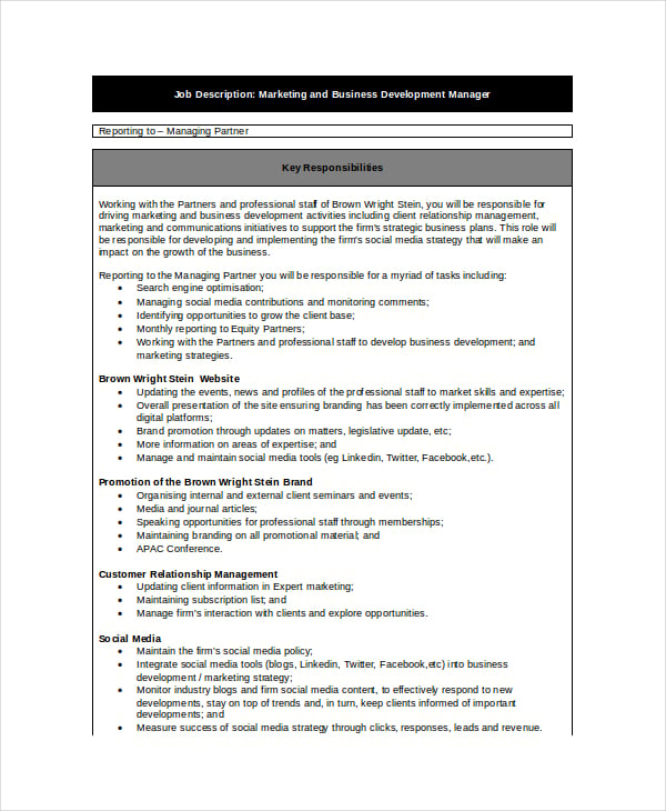 marketing business development job description