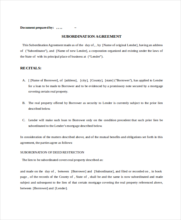 13+ Subordination Agreements Free Word, PDF Format