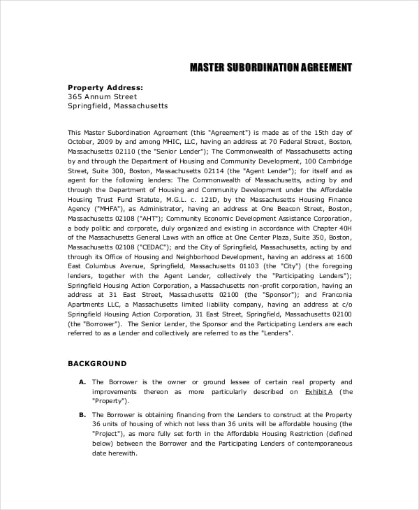 master subordination agreement format