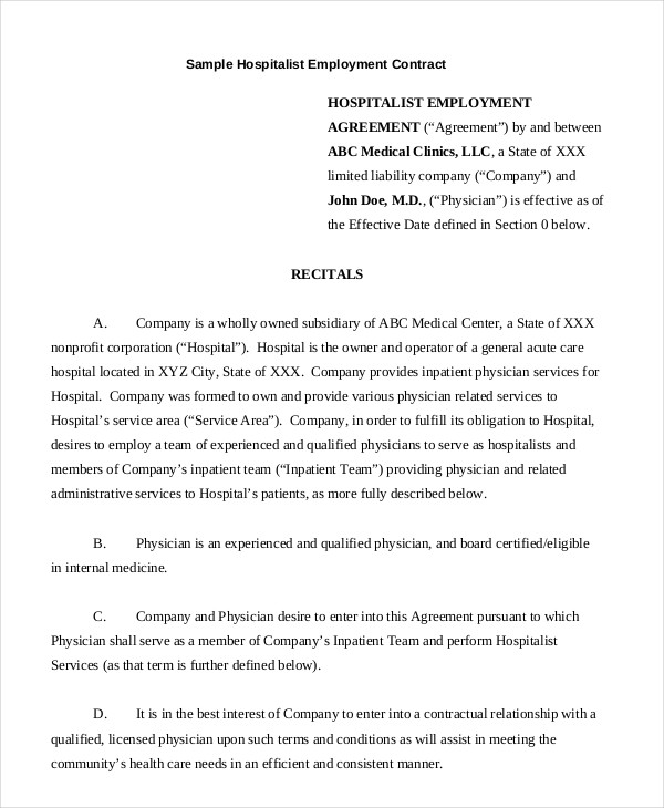 hospitalist employment contract