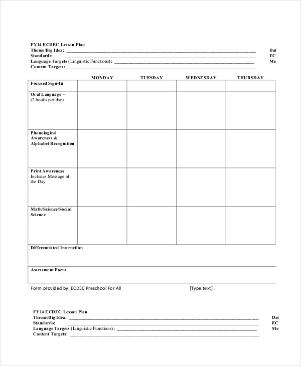 preschool weekly lesson plan template in pdf
