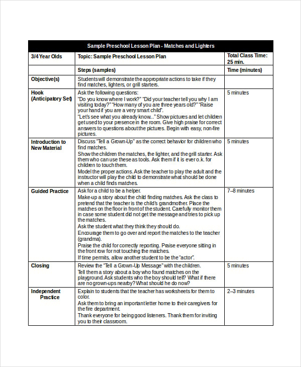 sample preschool lesson plan template