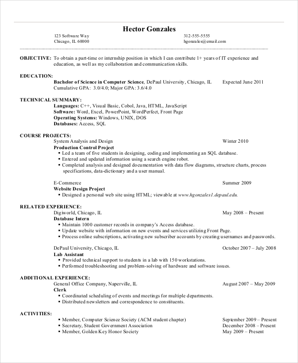 resume summary examples computer science