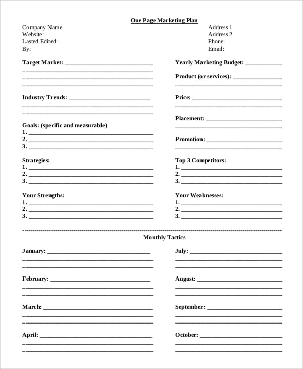 one page marketing plan template
