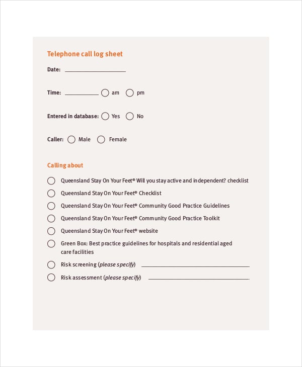 telephone call log sheet template in pdf