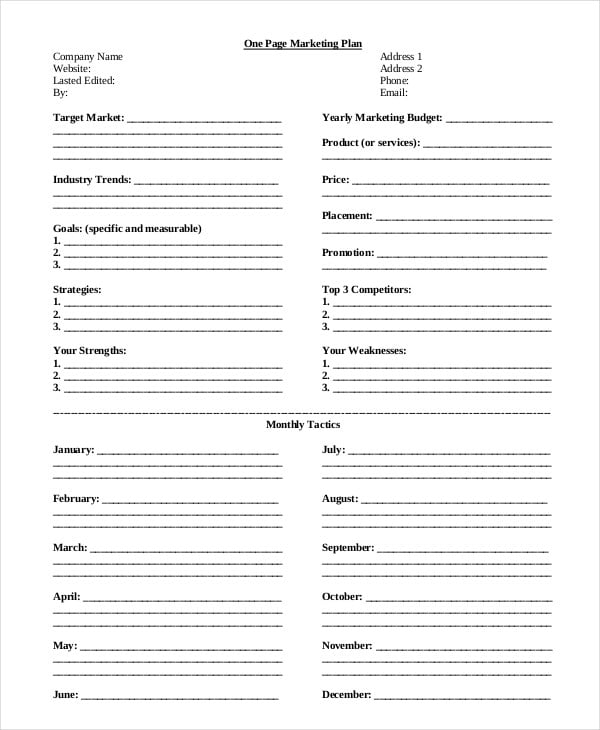 one page marketing strategy or plan template