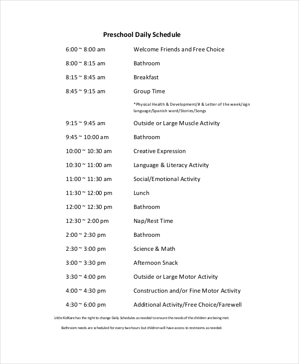 preschool daily schedule pictures