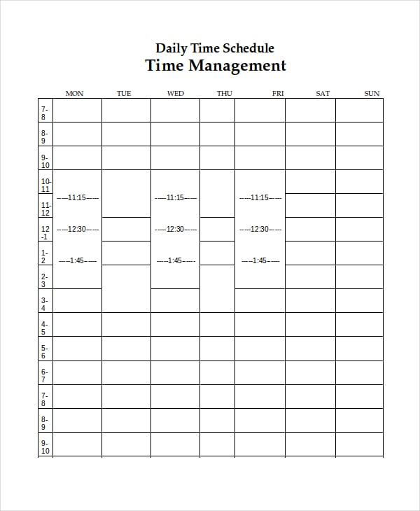 daily time schedule template in word