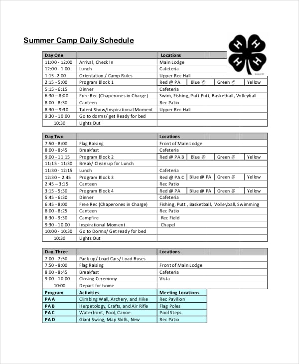 summer camp daily schedule download in pdf