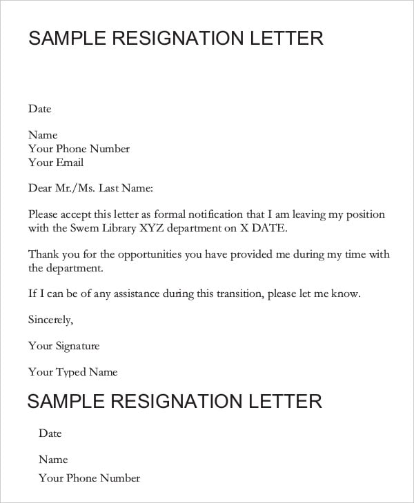 formal email resignation letter sample